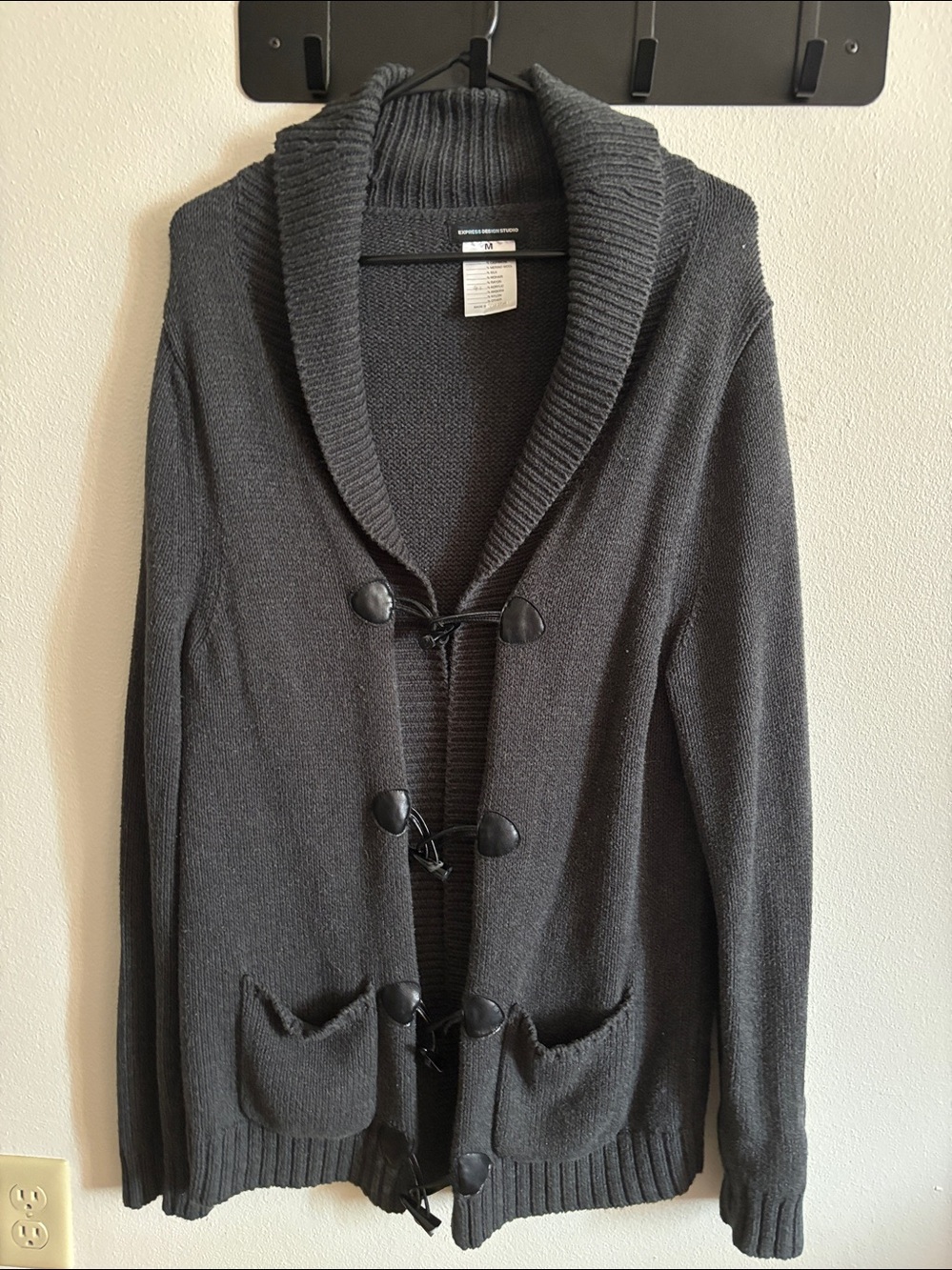 Express Studio Design M Gray Knit Leather Toggle Cardigan Sweater Grandpacore